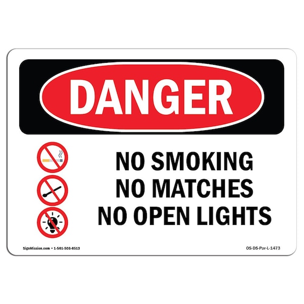 OSHA Sign, No Smoking No Matches No Open Lights, 18in X 12in Rigid Plastic, 12" W, 18" L, Landscape
